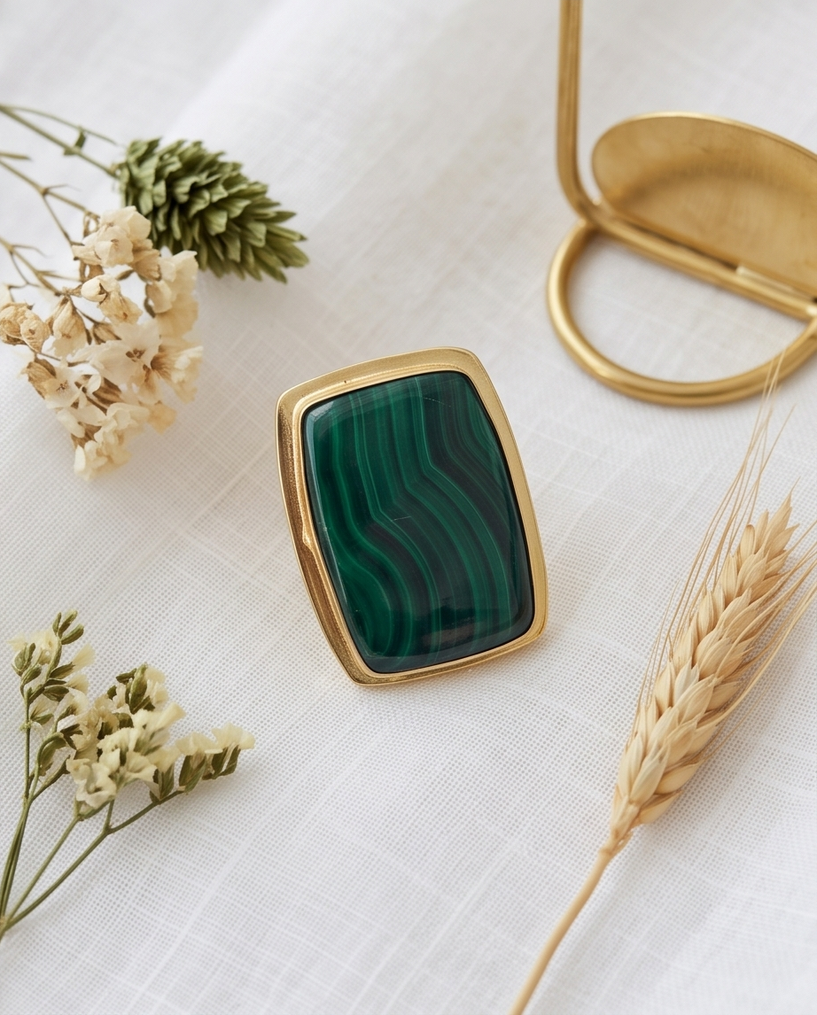 Bague malachite cabochon - Beeld 1 - Uniek handgemaakt sieraad