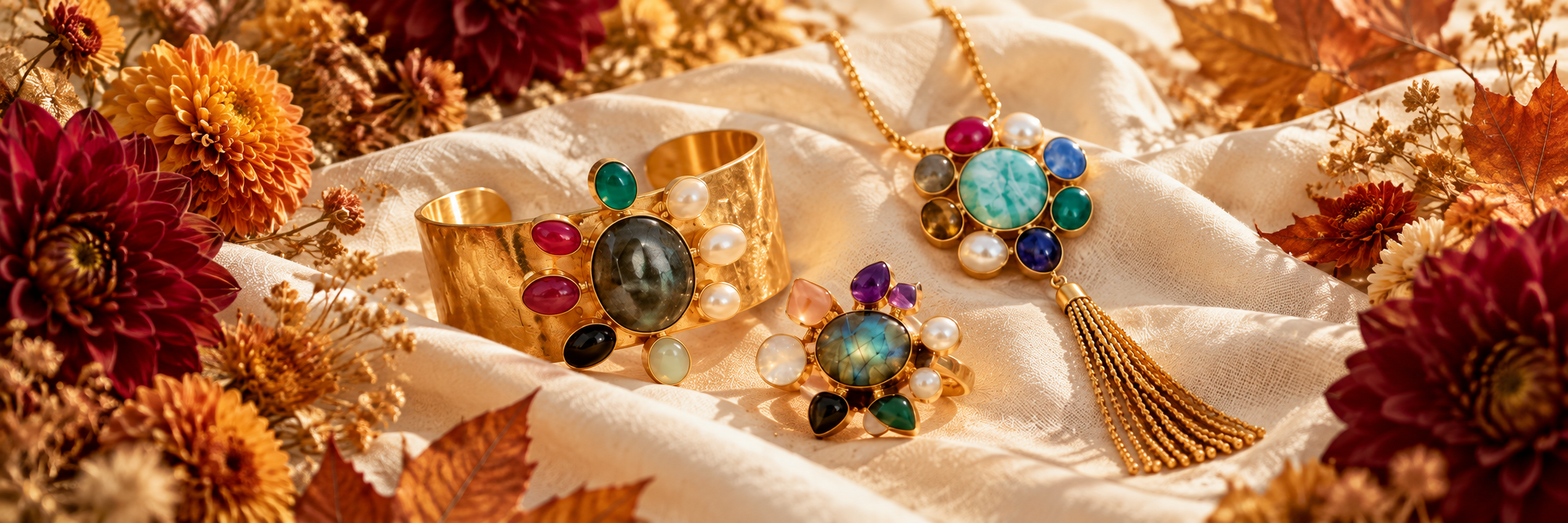 Bijoux Lexie Lota parmi des fleurs et feuilles d’automne