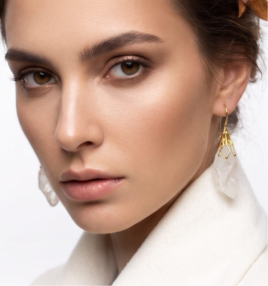 Parure torque doré et boucles d’oreilles en quartz blanc en forme de gouttes - Beeld 2 - Uniek handgemaakt sieraad
