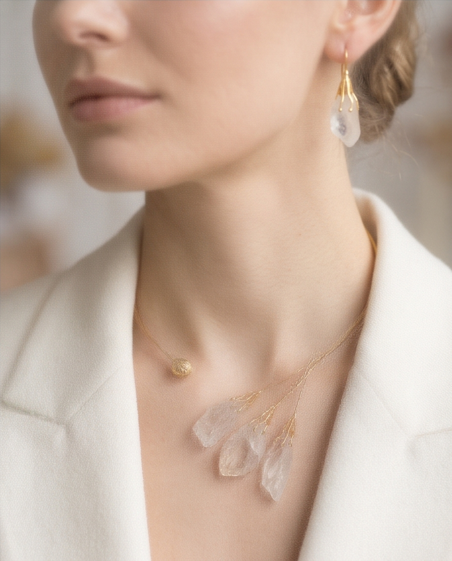 Parure torque doré et boucles d’oreilles en quartz blanc en forme de gouttes - Beeld 5 - Uniek handgemaakt sieraad
