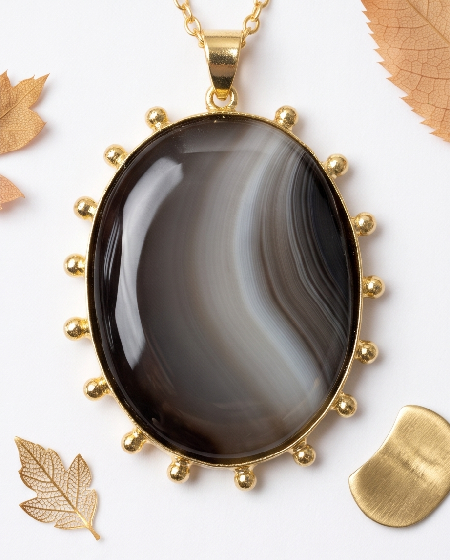 Pendentif en agate grise rubanée – Chaîne incluse - Beeld 3 - Uniek handgemaakt sieraad