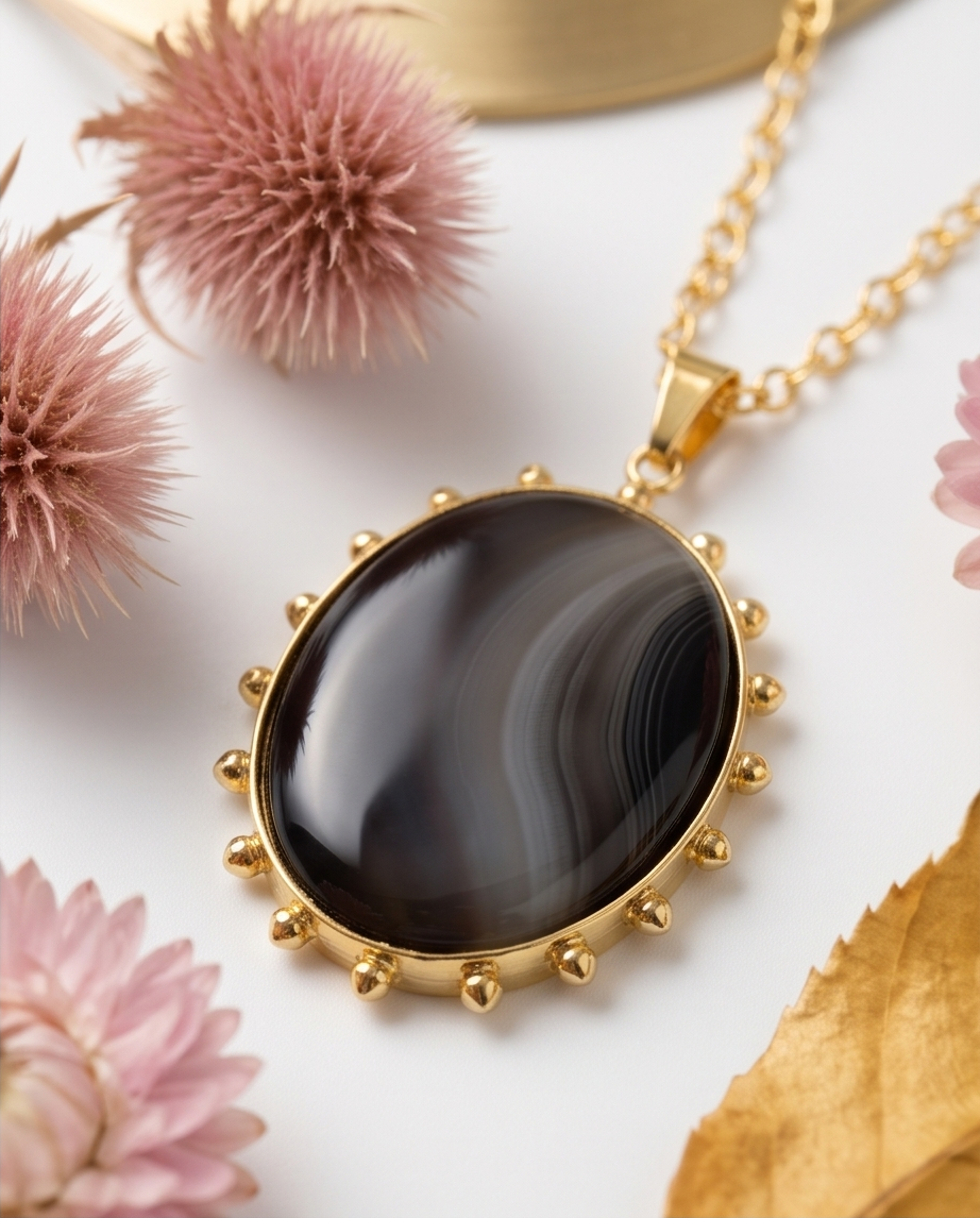 Pendentif en agate grise rubanée – Chaîne incluse - Beeld 1 - Uniek handgemaakt sieraad