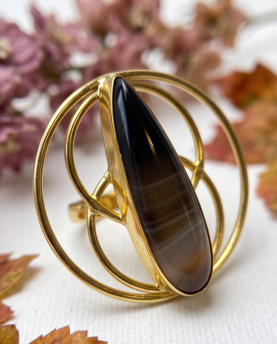 Bague agate grise rubanée – Design géométrique - Beeld 1 - Uniek handgemaakt sieraad