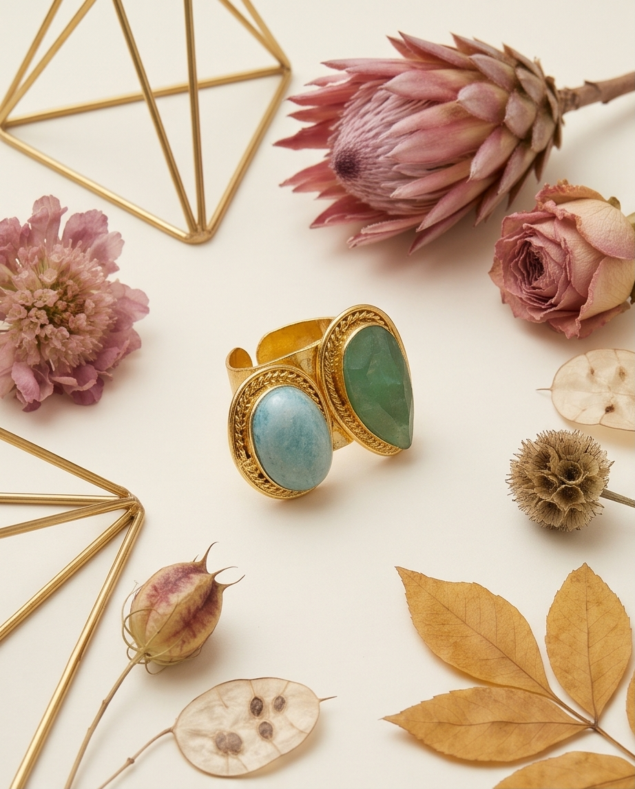 Bague double en larimar et aventurine verte. - Beeld 3 - Uniek handgemaakt sieraad