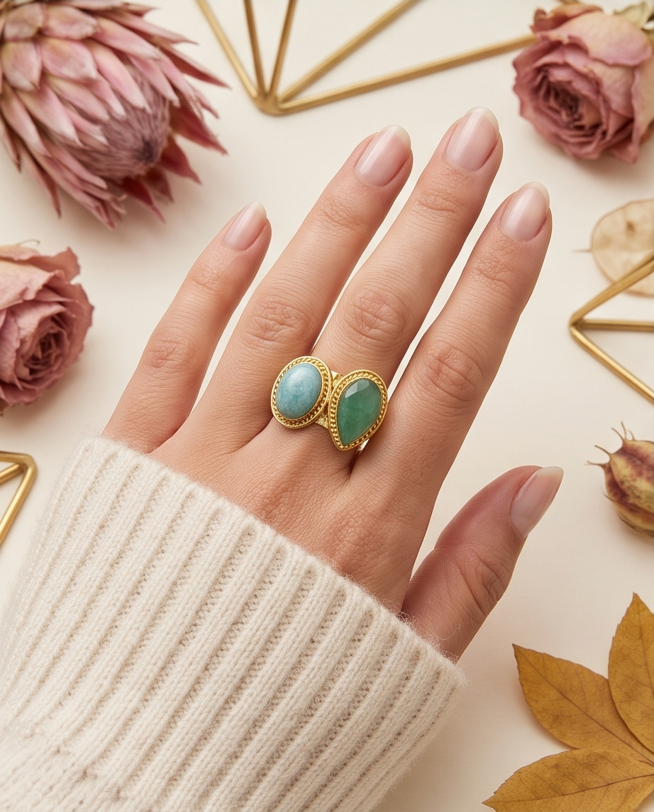 Bague double en larimar et aventurine verte. - Beeld 2 - Uniek handgemaakt sieraad