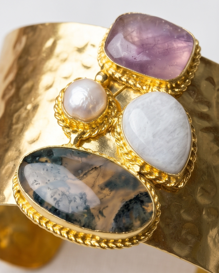 Bracelet manchette doré multipierres – Améthyste, pierre de lune et quartz - Beeld 2 - Uniek handgemaakt sieraad