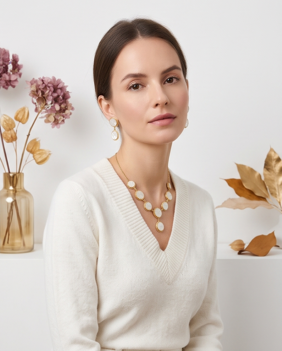Parure collier et boucles d’oreilles en nacre sculptée – Motifs floraux - Beeld 3 - Uniek handgemaakt sieraad