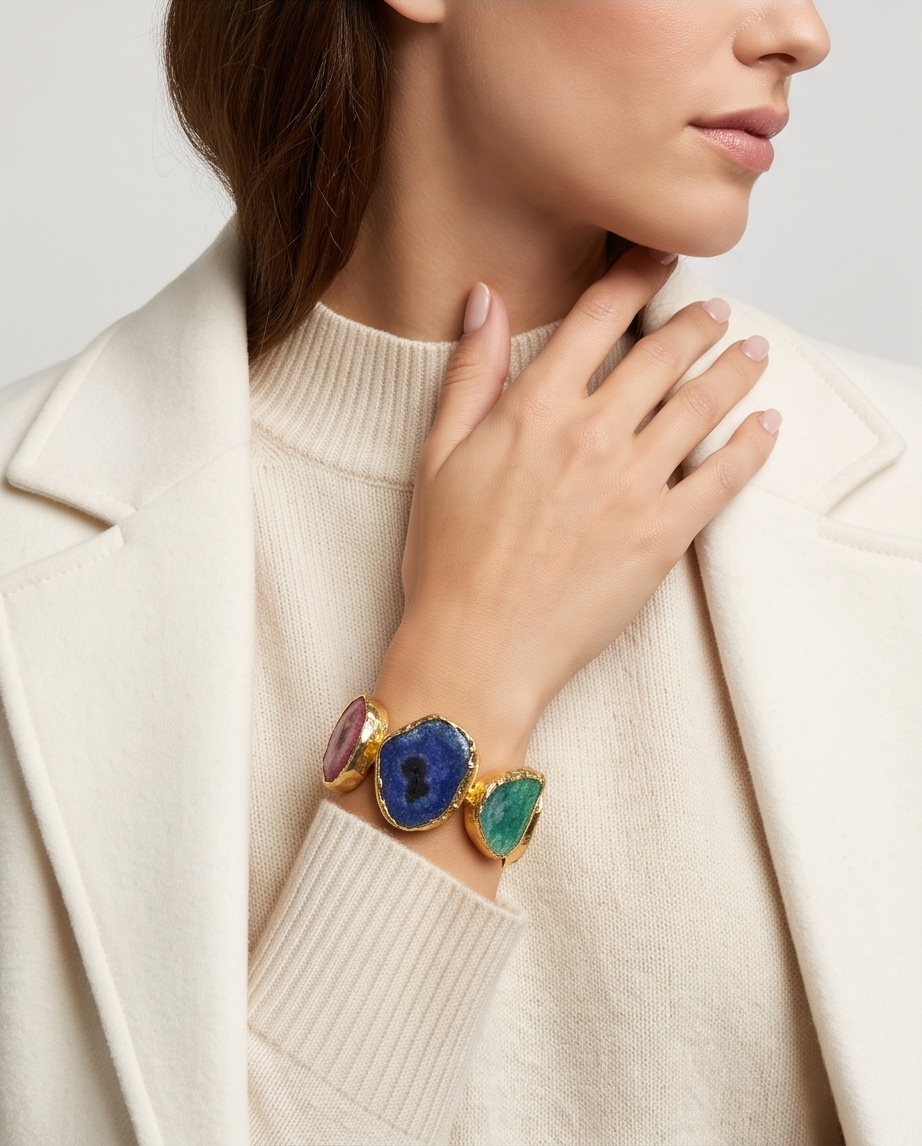 Bracelet manchette en agate druse – Belles tranches d’agate multicolores - Beeld 3 - Uniek handgemaakt sieraad
