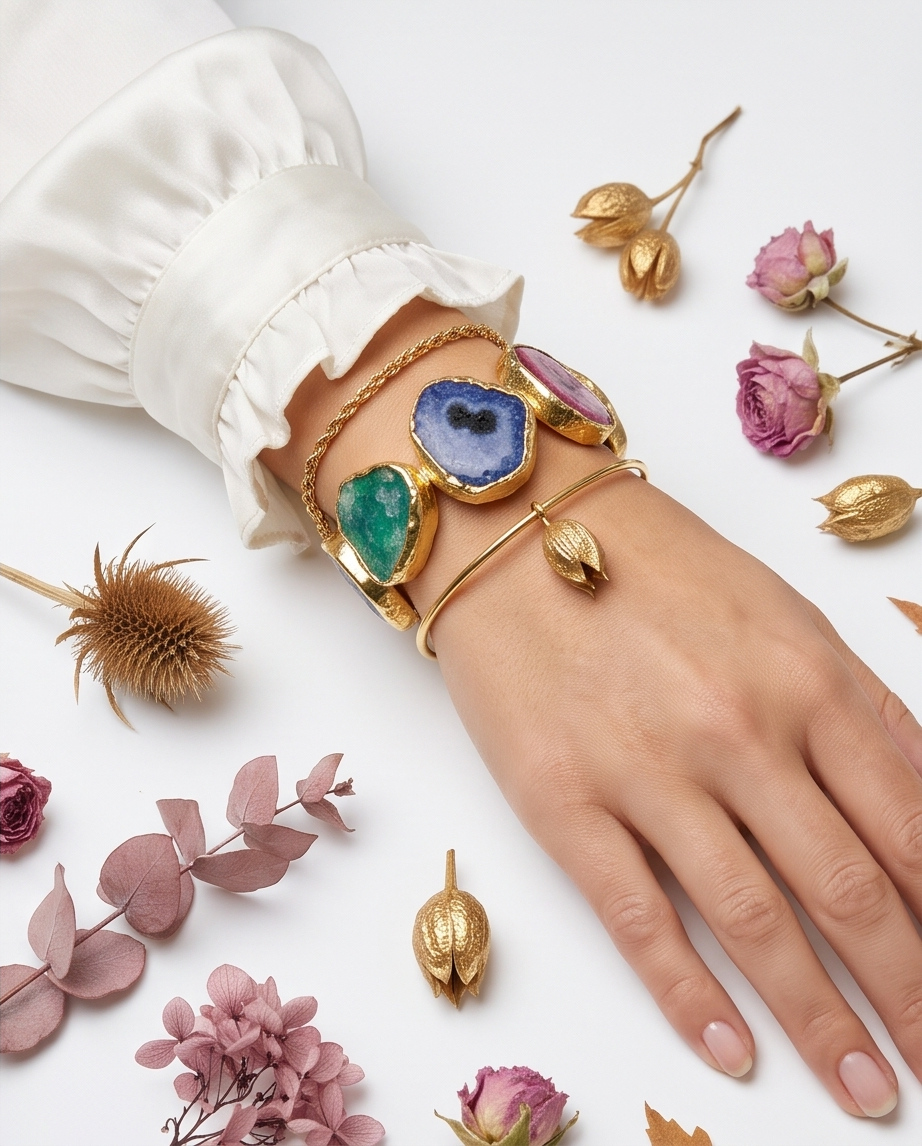 Bracelet manchette en agate druse – Belles tranches d’agate multicolores - Beeld 1 - Uniek handgemaakt sieraad