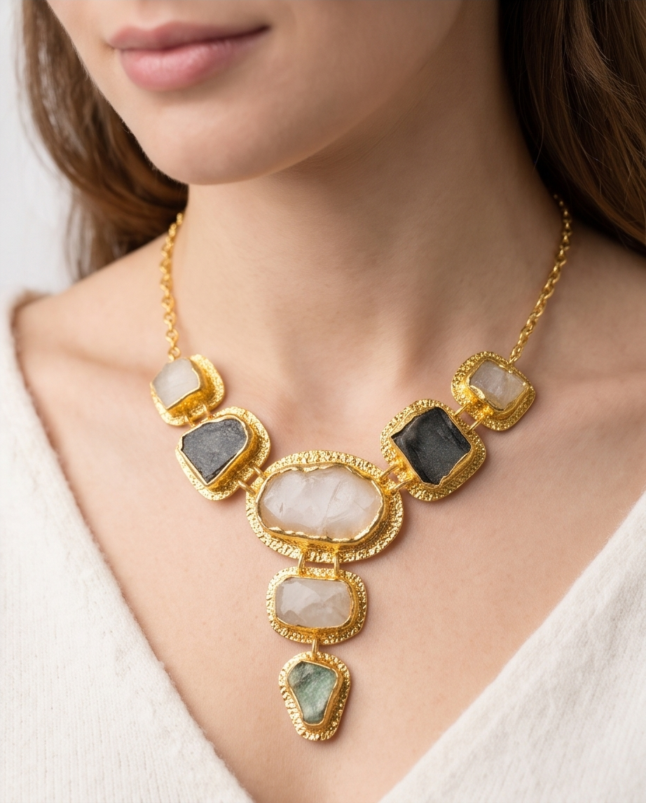 Collier plastron doré multipierres naturelles – Pendentif en Y - Beeld 1 - Uniek handgemaakt sieraad