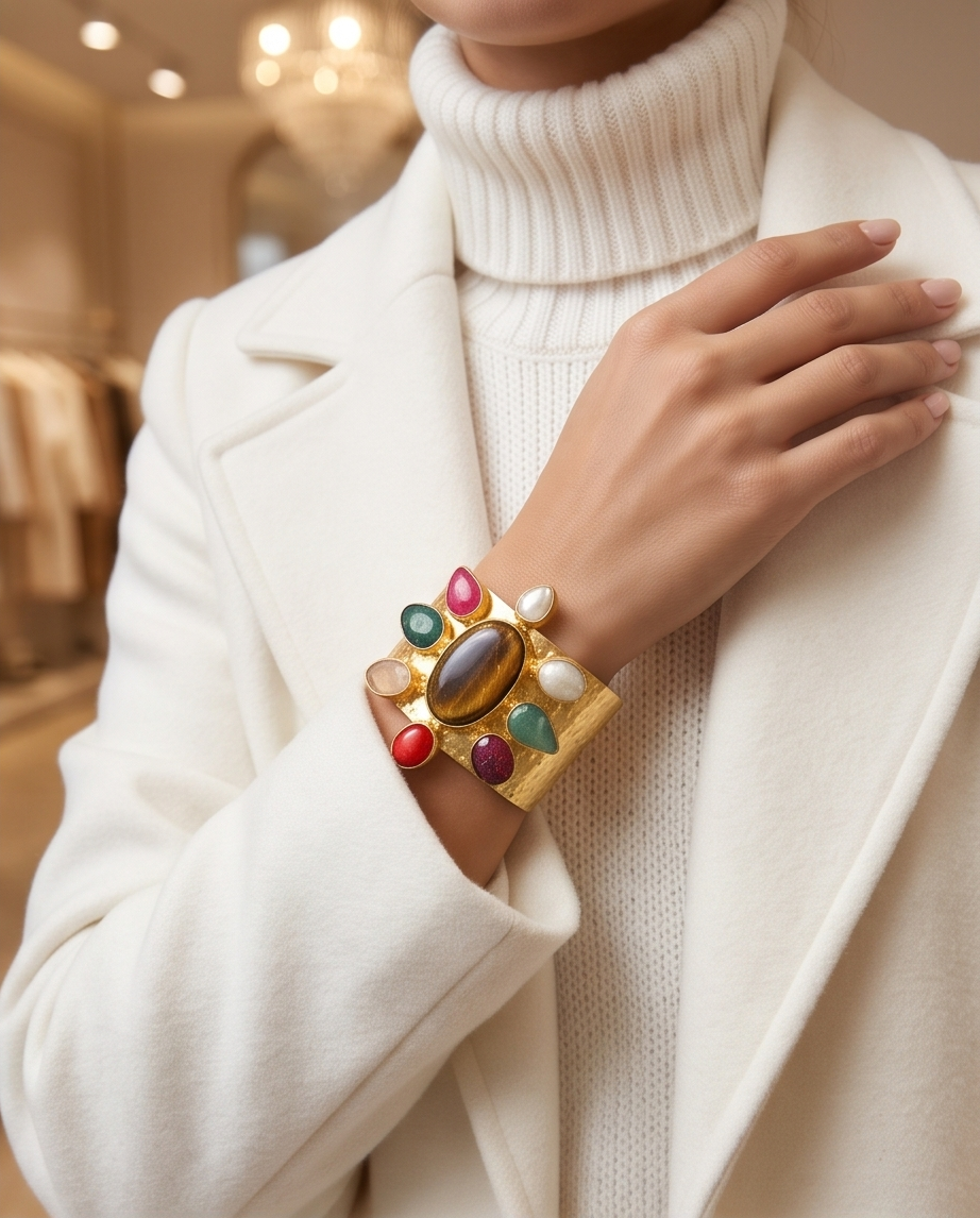 Bracelet manchette œil de tigre et multipierres - Vue 3 - Pièce unique faite main