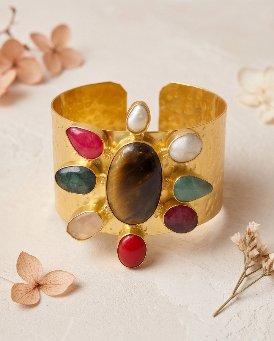 Bracelet manchette œil de tigre et multipierres