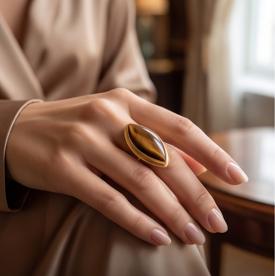 Bague dorée en œil de tigre.
