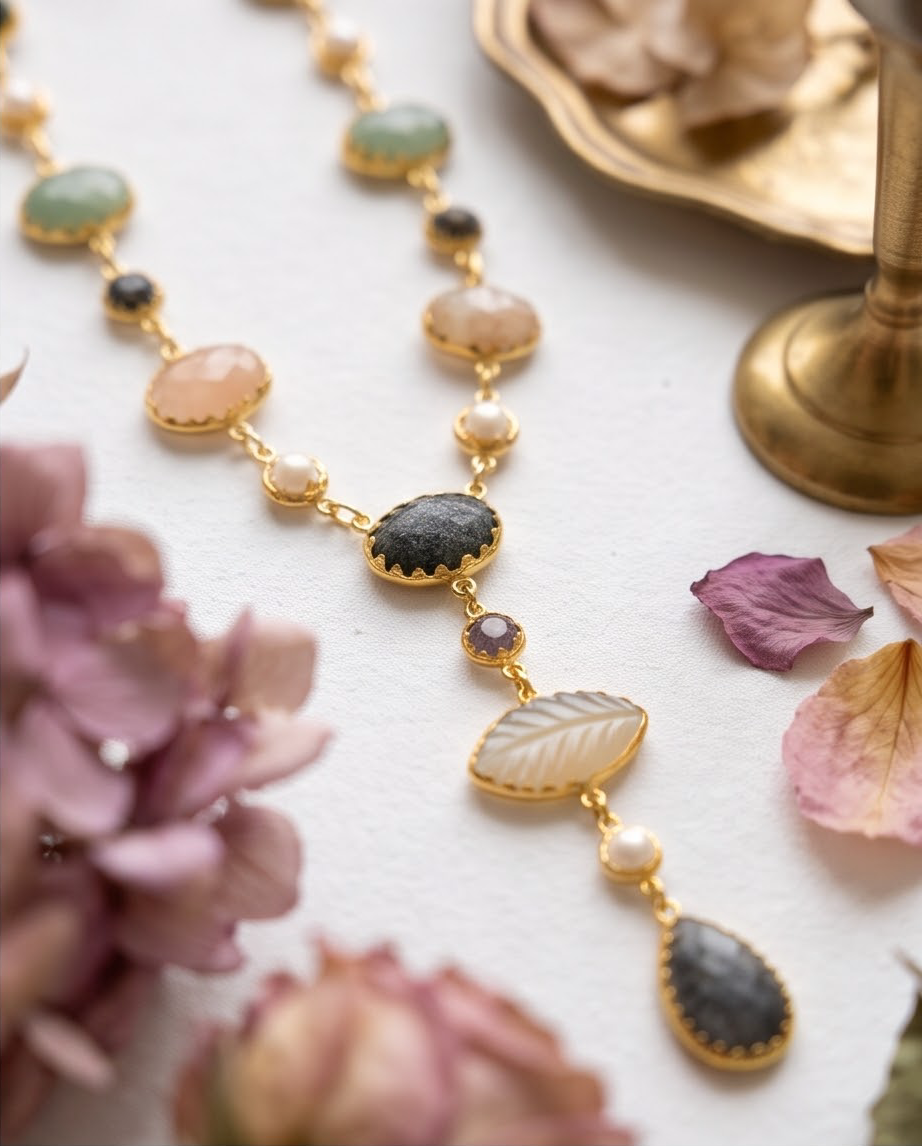 Collier sautoir Lariat en Y ciselé – Multipierres et nacre - Beeld 2 - Uniek handgemaakt sieraad