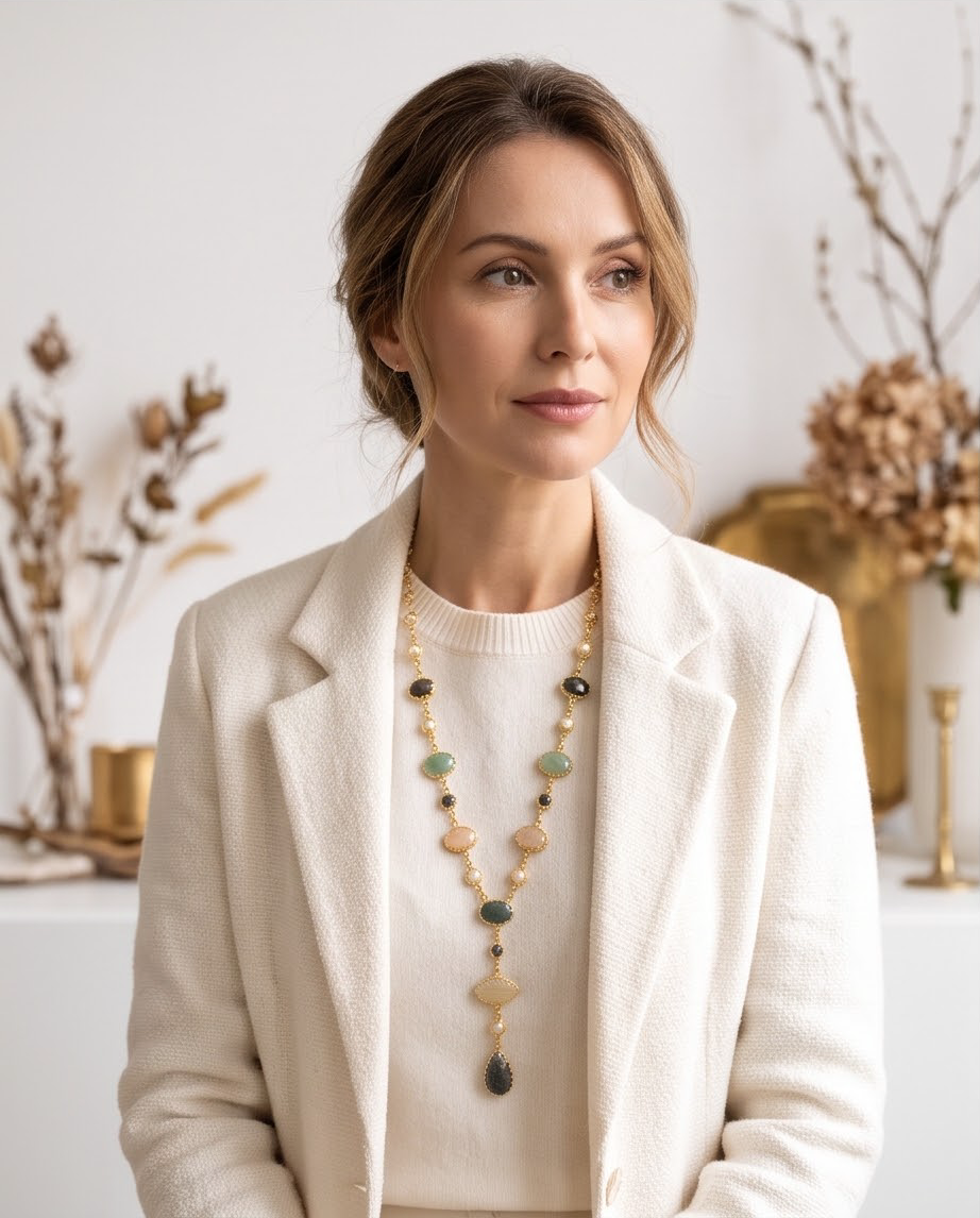 Collier sautoir Lariat en Y ciselé – Multipierres et nacre - Beeld 1 - Uniek handgemaakt sieraad