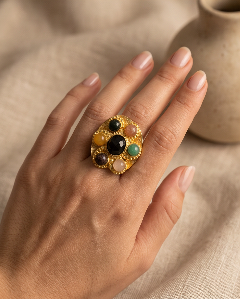 Bague statement plateau tournant, racine d’émeraude, labradorite & quartz - Vue 4 - Pièce unique faite main