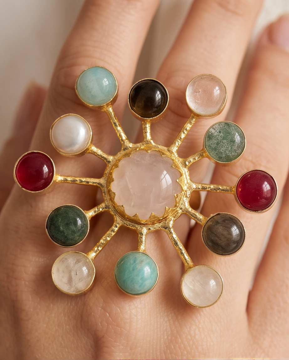 Bague soleil multipierres multicolore - Vue 1 - Pièce unique faite main