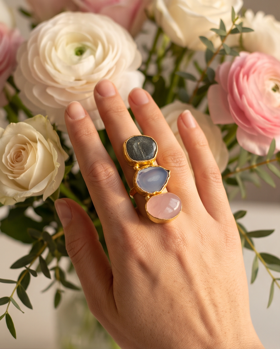 Bague labradorite, quartz & agate bleue - Vue 1 - Pièce unique faite main