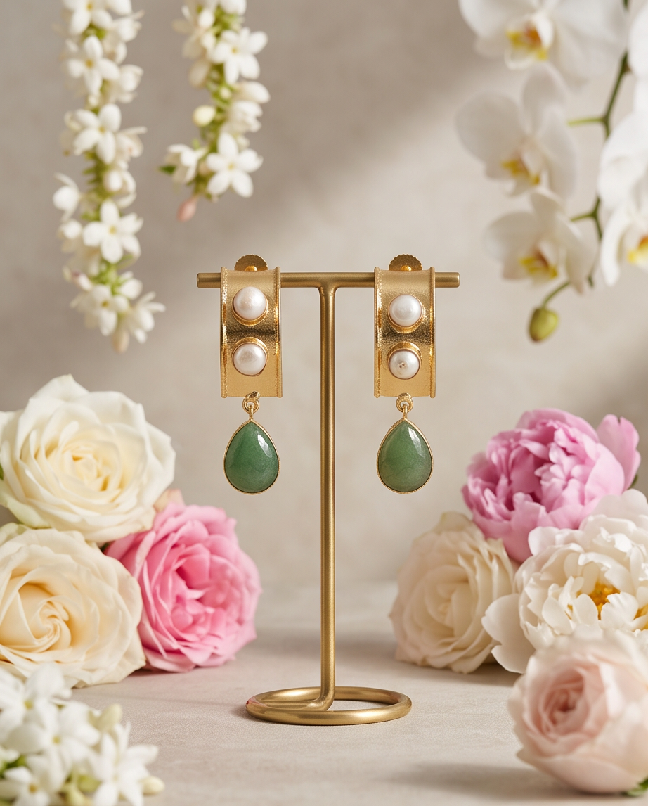 Boucles d’oreilles clous perles de culture & aventurine. - Vue 4 - Pièce unique faite main
