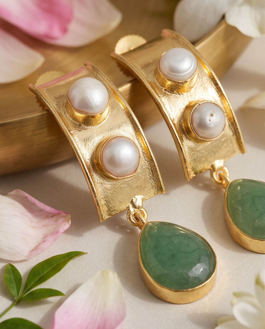 Boucles d’oreilles clous perles de culture & aventurine. - Vue 1 - Pièce unique faite main