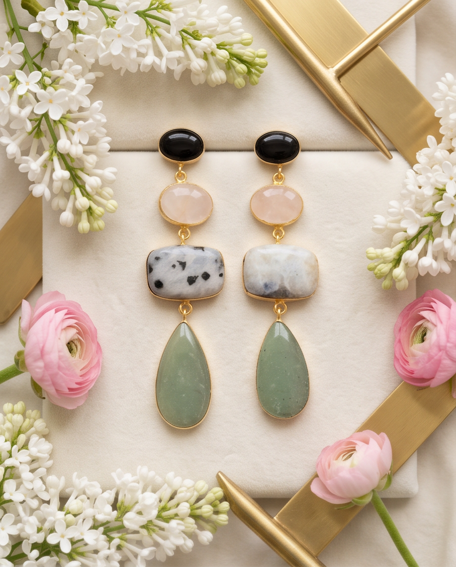Boucles d’oreilles aigue-marine, onyx noir, quartz rose & pierre de lune - Vue 3 - Pièce unique faite main