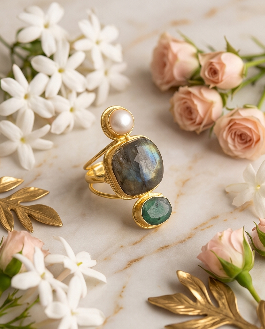 Bague labradorite, racine d’émeraude & perle de culture - Vue 3 - Pièce unique faite main
