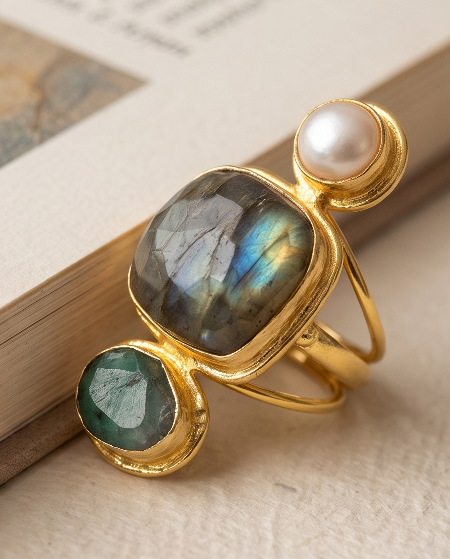Bague labradorite, racine d’émeraude & perle de culture - Vue 1 - Pièce unique faite main