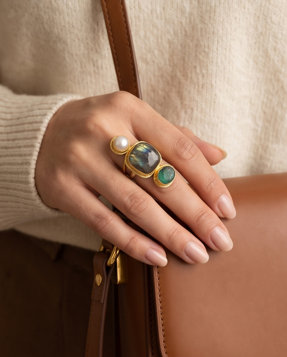 Bague labradorite, racine d’émeraude & perle de culture - Vue 2 - Pièce unique faite main