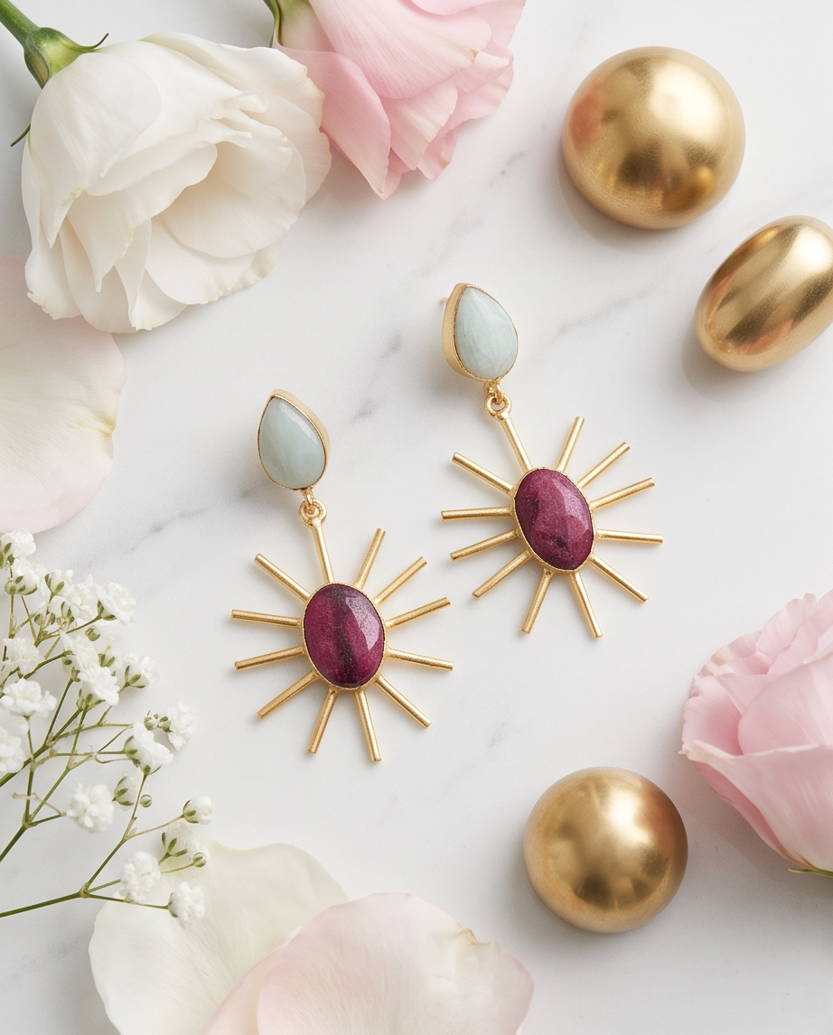 Boucles d’oreilles racine de rubis & amazonite - Vue 1 - Pièce unique faite main
