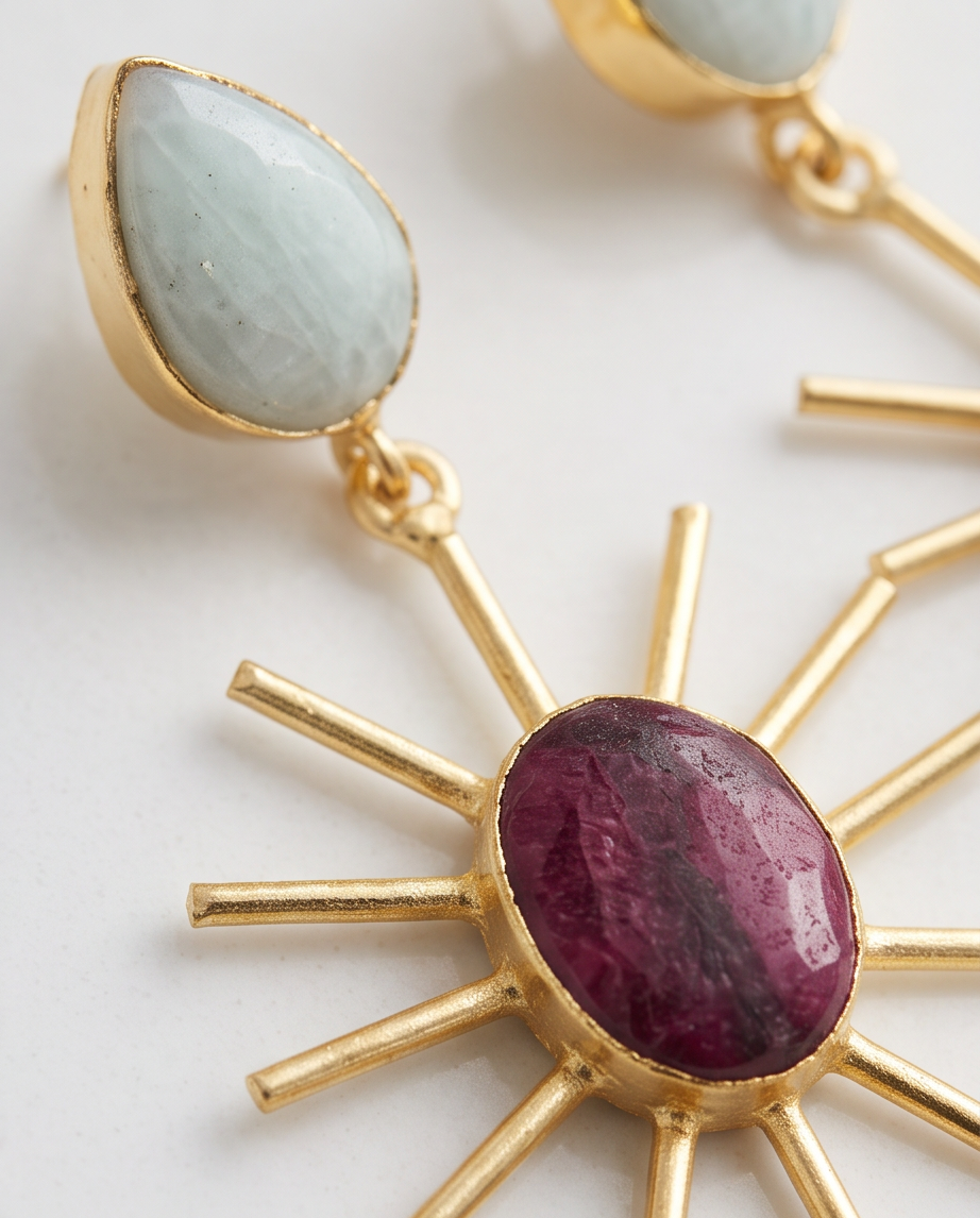 Boucles d’oreilles racine de rubis & amazonite - Vue 4 - Pièce unique faite main
