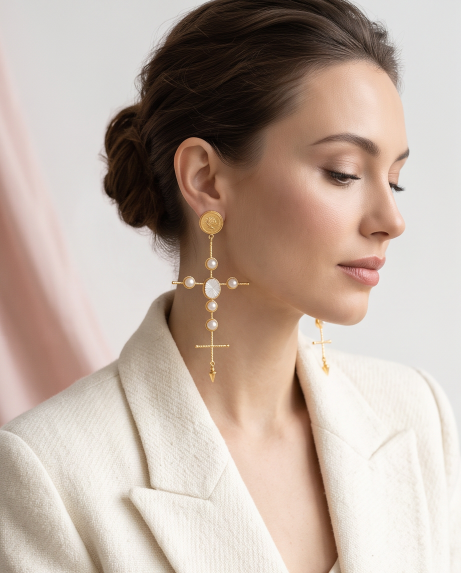 Boucles d’oreilles perles de culture, nacre sculptée & médailles - Vue 2 - Pièce unique faite main
