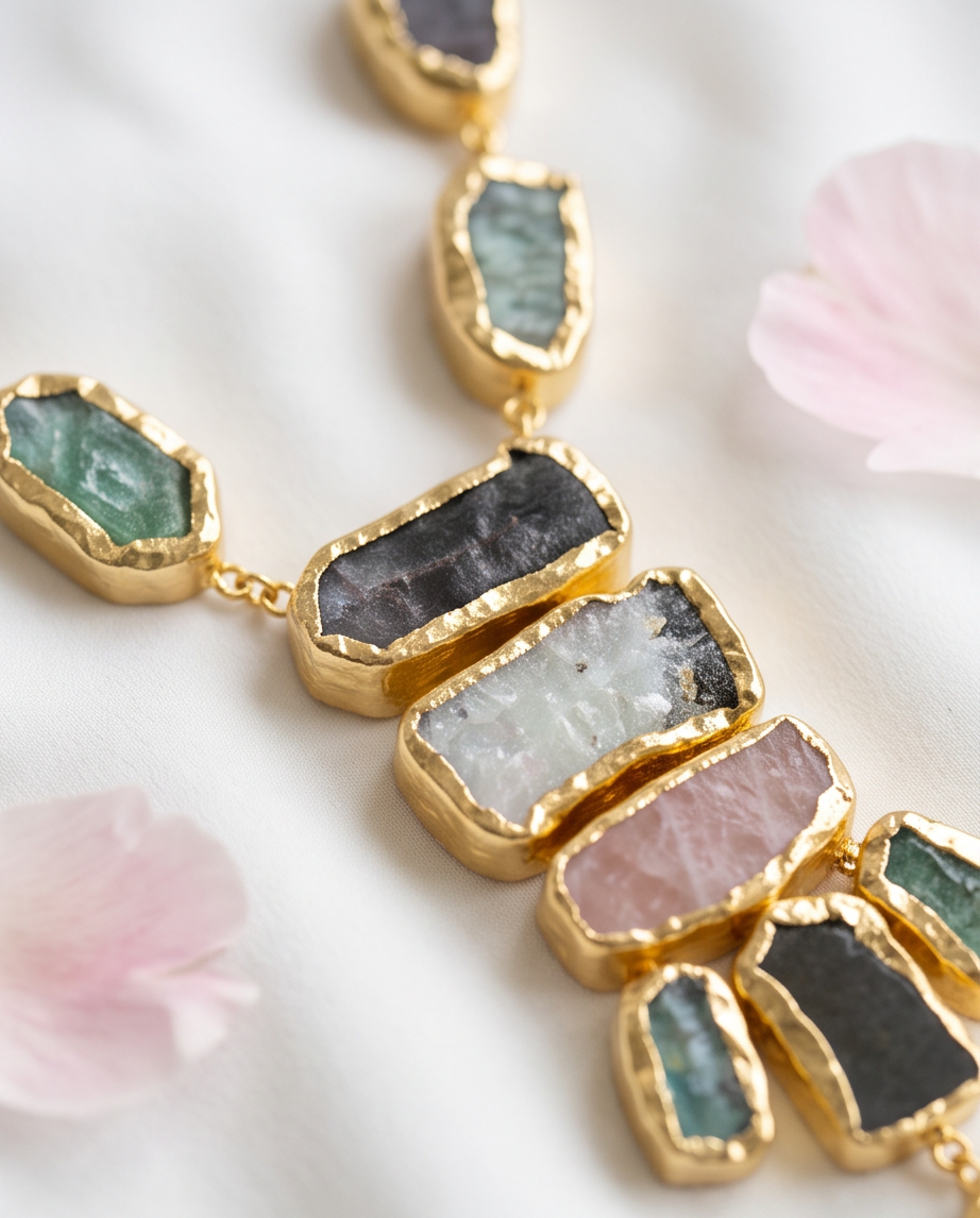 Collier cravate multipierres brutes & cabochons - Vue 3 - Pièce unique faite main