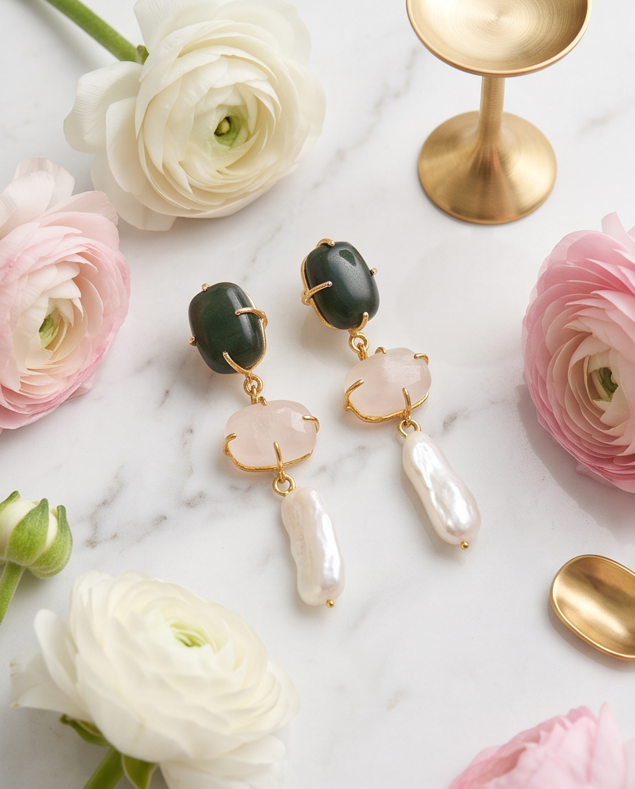 Boucles d’oreilles aventurine, quartz  rose& perles de Biwa - View 2 - Unique handmade piece