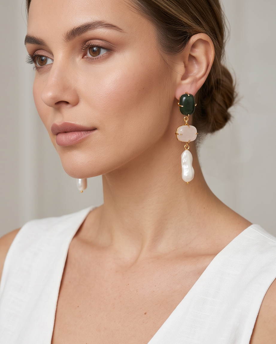 Boucles d’oreilles aventurine, quartz  rose& perles de Biwa - View 4 - Unique handmade piece