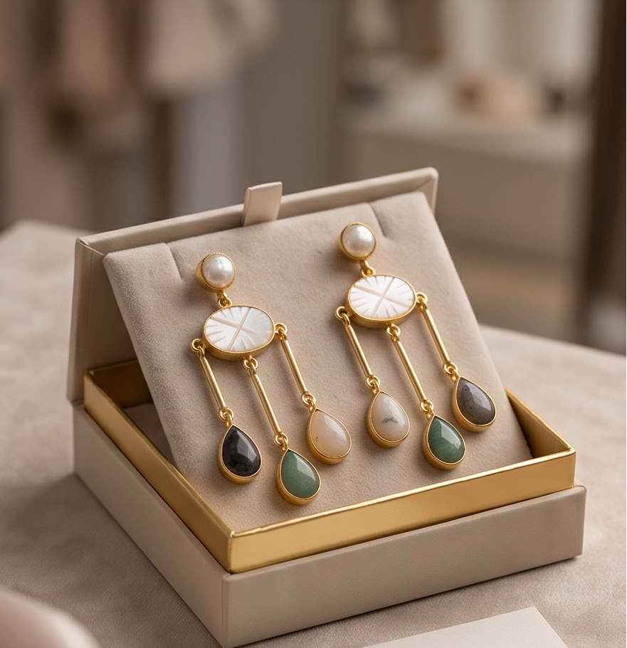 Boucles d’oreilles perles, nacre & pierres naturelles - View 1 - Unique handmade piece