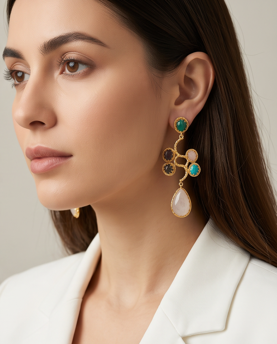 Boucles d’oreilles multipierres & quartz rose - Vue 1 - Pièce unique faite main