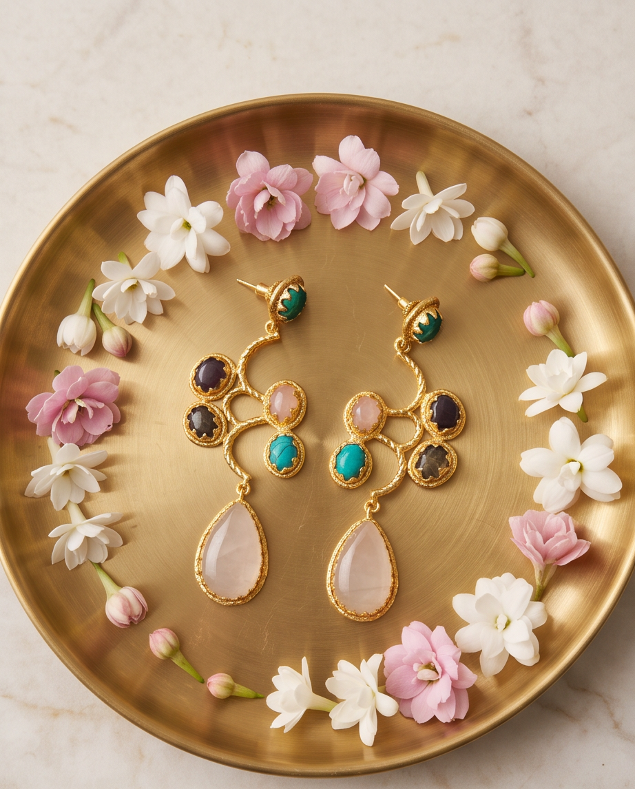 Boucles d’oreilles multipierres & quartz rose - Vue 4 - Pièce unique faite main