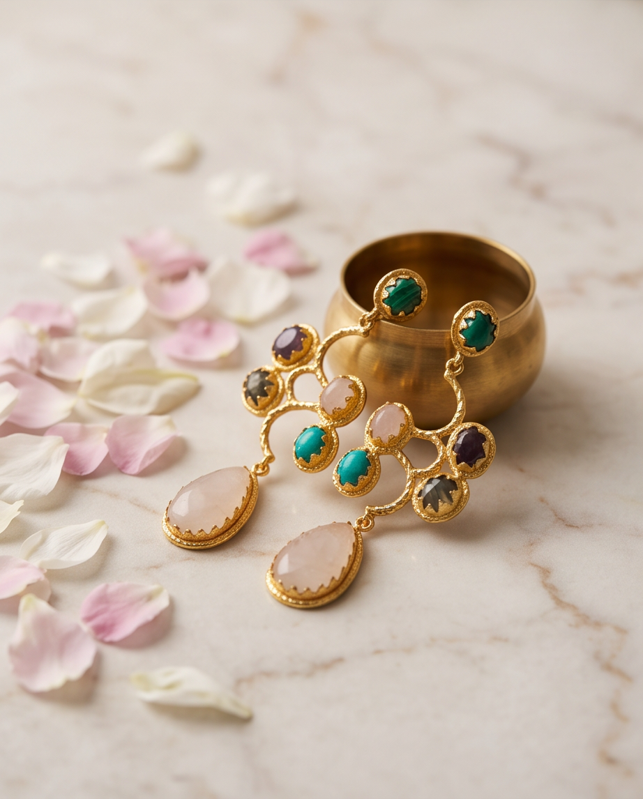 Boucles d’oreilles multipierres & quartz rose - Vue 3 - Pièce unique faite main