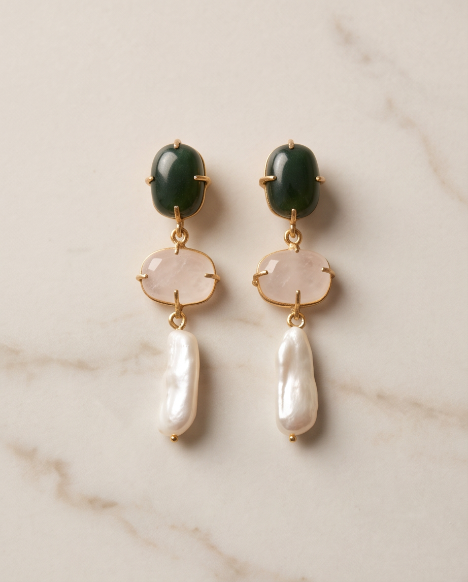 Boucles d’oreilles aventurine, quartz  rose& perles de Biwa - View 3 - Unique handmade piece