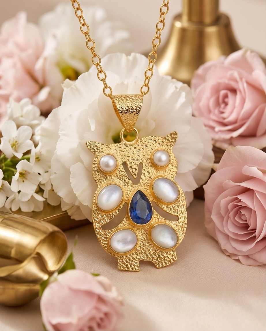 Pendentif hibou  pierre de lune, perles de culture et labradorite. - Vue 4 - Pièce unique faite main