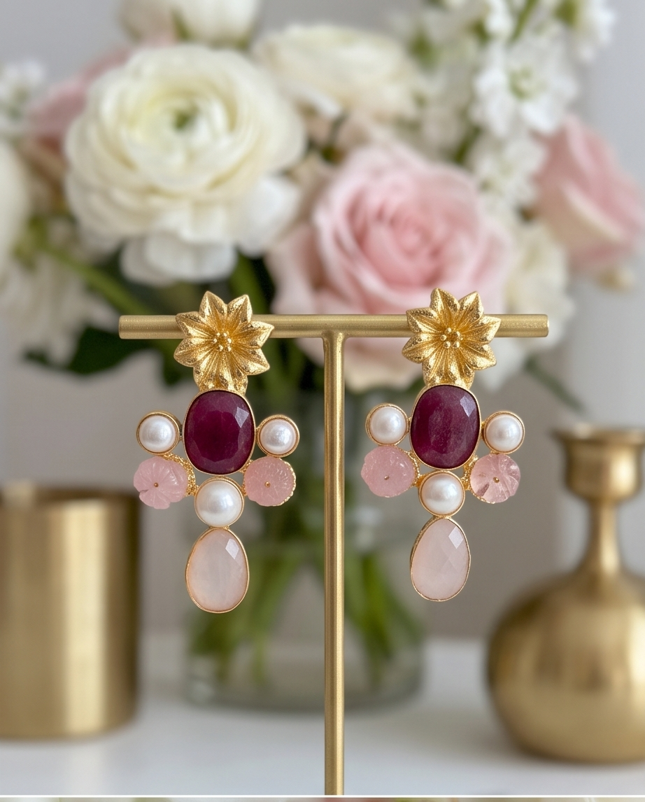 Boucles d’oreilles racine de rubis, quartz rose et perles de culture - Vue 1 - Pièce unique faite main