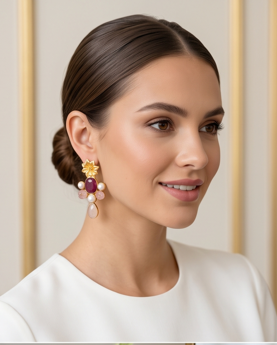 Boucles d’oreilles racine de rubis, quartz rose et perles de culture - Vue 2 - Pièce unique faite main