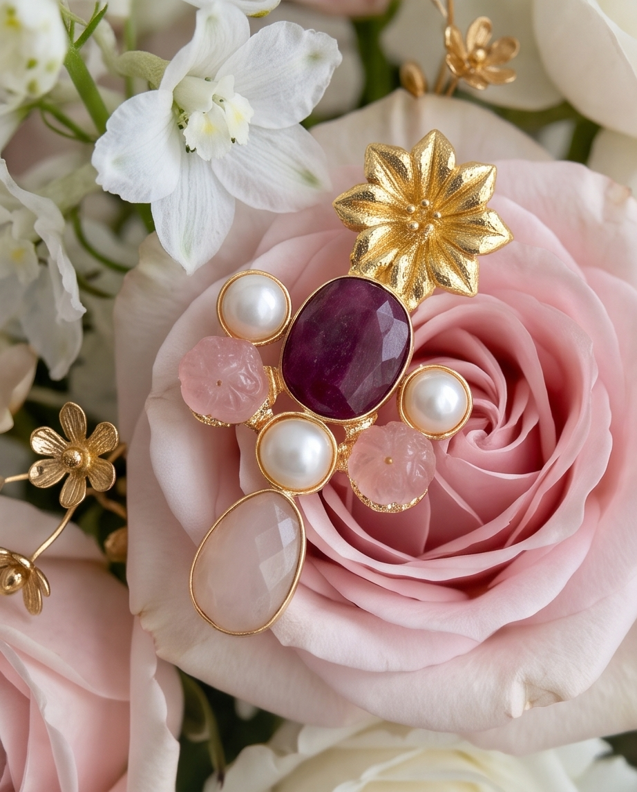 Boucles d’oreilles racine de rubis, quartz rose et perles de culture - Vue 3 - Pièce unique faite main