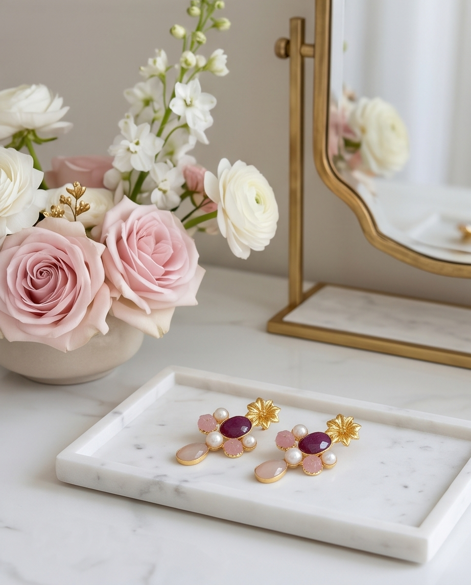 Boucles d’oreilles racine de rubis, quartz rose et perles de culture - Vue 4 - Pièce unique faite main
