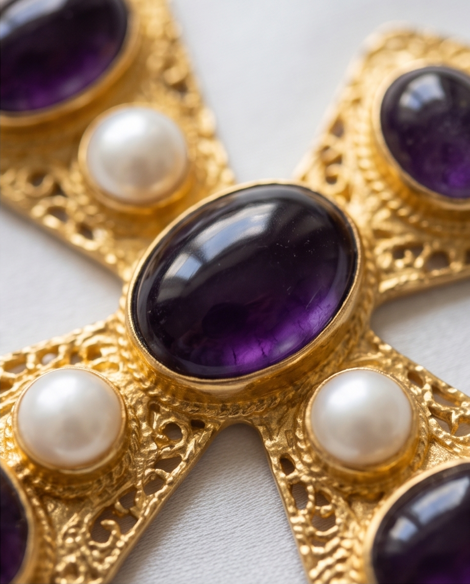 Pendentif Croix améthyste et perles de culture. - Vue 5 - Pièce unique faite main