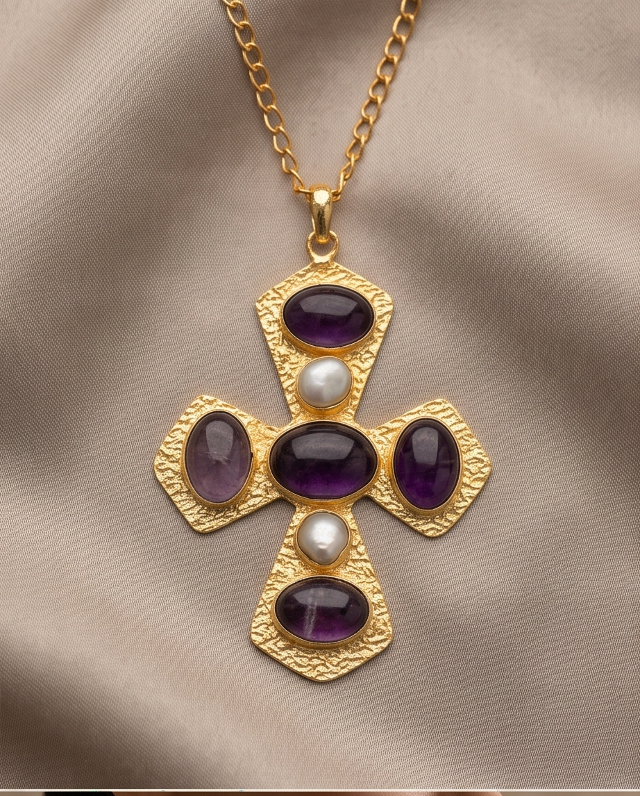 Pendentif Croix améthyste et perles de culture. - Vue 4 - Pièce unique faite main