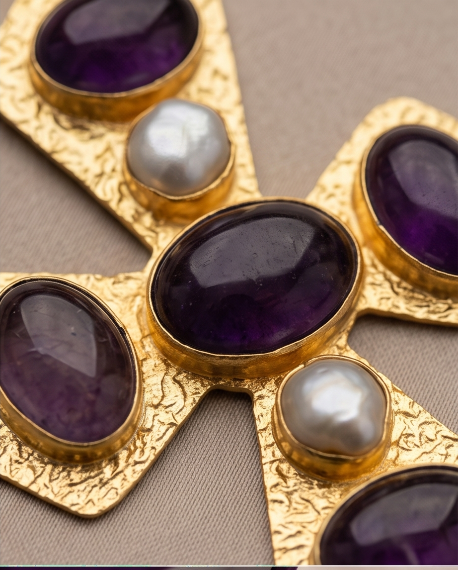Pendentif Croix améthyste et perles de culture. - Vue 3 - Pièce unique faite main