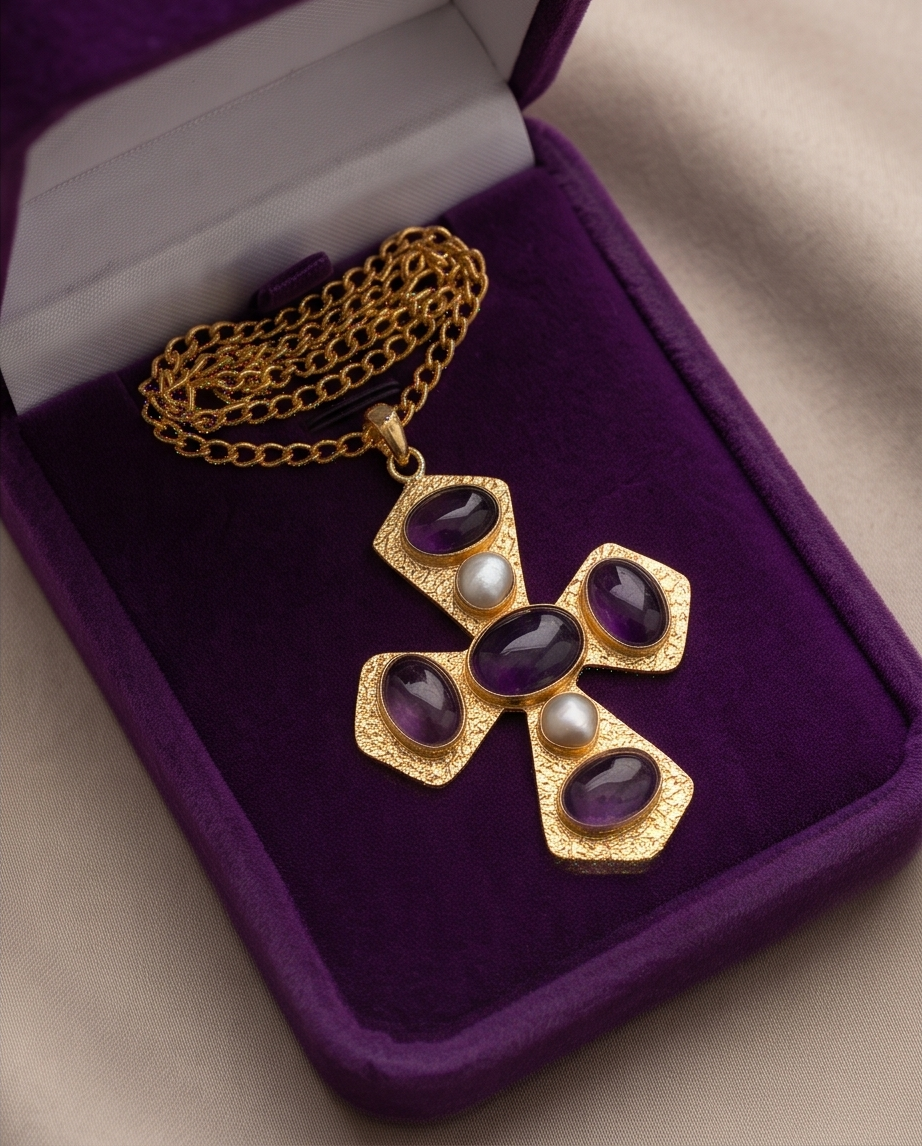 Pendentif Croix améthyste et perles de culture. - Vue 1 - Pièce unique faite main