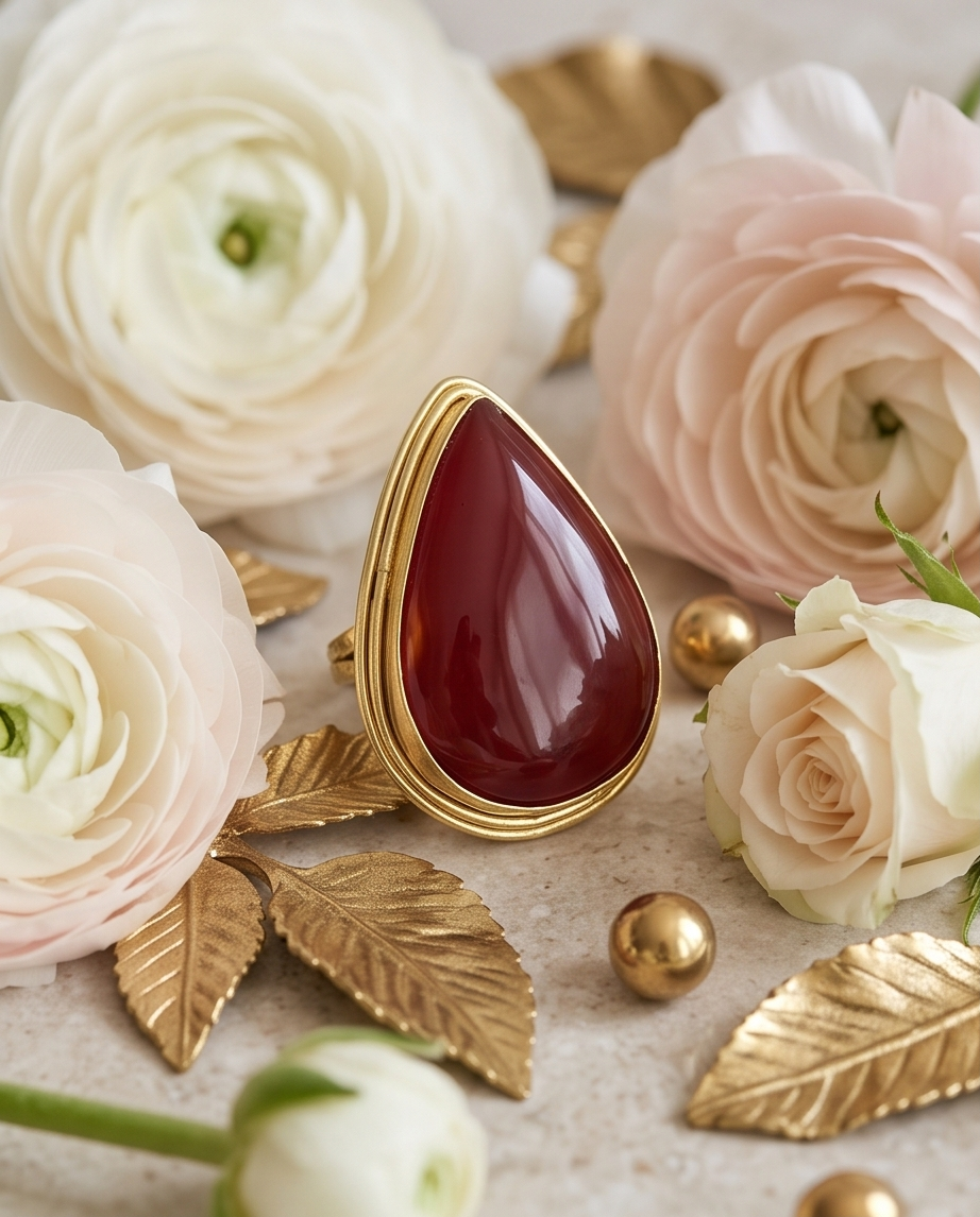 Bague cabochon cornaline - Vue 1 - Pièce unique faite main