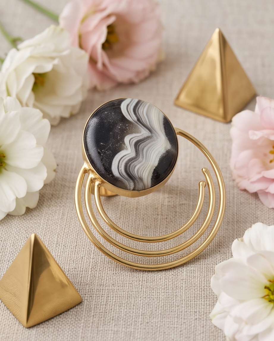 Bague calcite zèbre ronde - Vue 2 - Pièce unique faite main